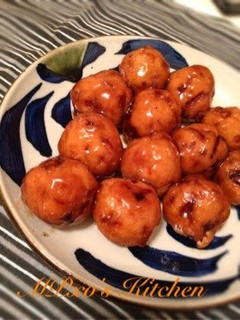 A picture of Okara Tofu Meatballs with a Sweet Vinegar Sauce.