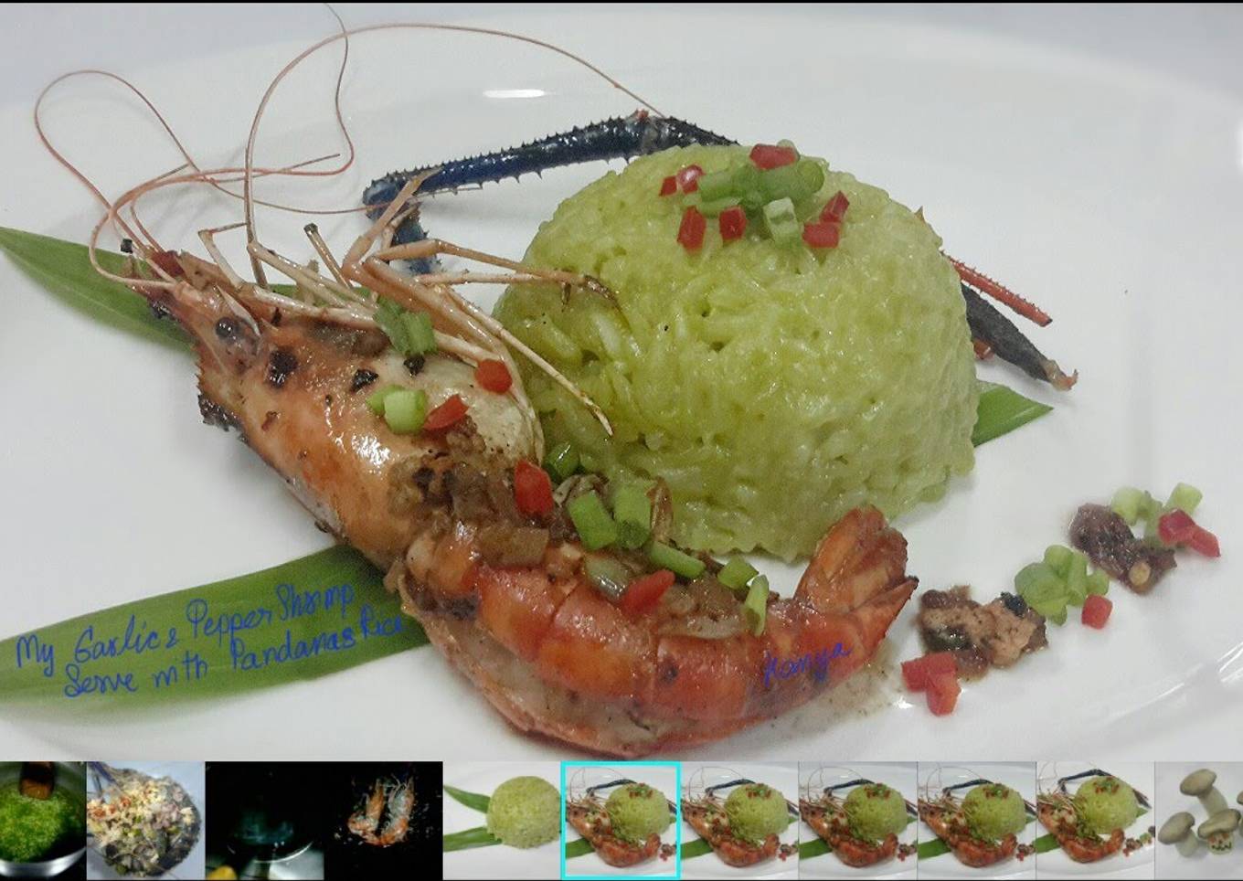 Serve shrimp with garlic and pepper with green jasmine rice.