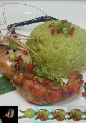 A picture of Garlic and Pepper Prawn Serve with Green Jasmine Rice.