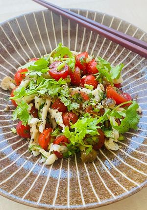 A picture of Herbed Tomato Salad with mushrooms.