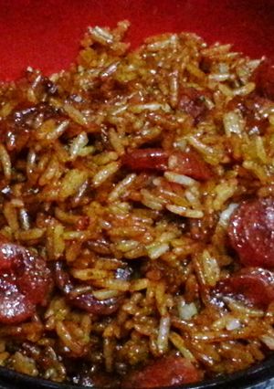 A picture of Claypot chinese sausage rice (microwave method).