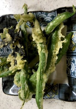 A picture of Tempura with Manganji Peppers and Green Beans.