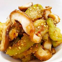 A picture of Autumn Eggplant & Shiitake Mushrooms with a Sesame Sauce.