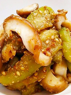 A picture of Autumn Eggplant & Shiitake Mushrooms with a Sesame Sauce.