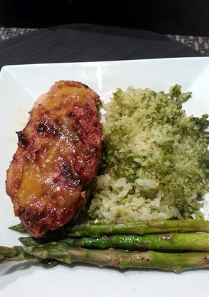 A picture of Mango Habanero Pork Chops w/Green Rice.