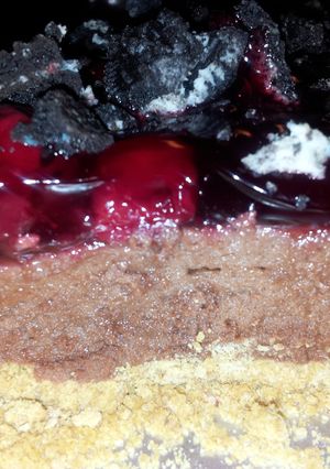 A picture of cherry chocolate cheese cake.