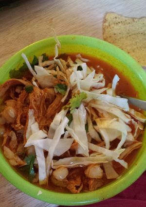 A picture of Red chicken pozole.
