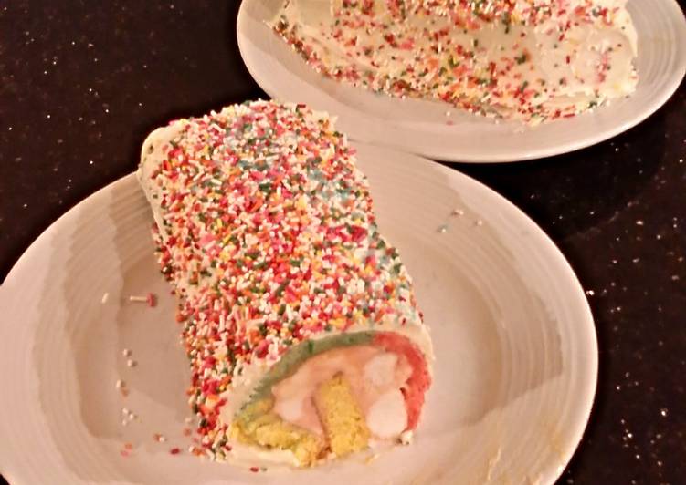 Rainbow Sherbet ( Sorbet ) Filled Striped Vanilla Cake Roll