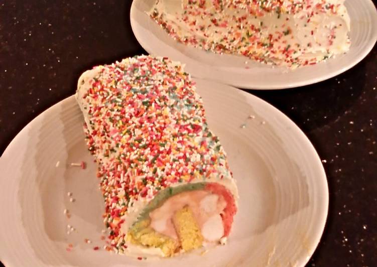 Easiest Way to Make Quick Rainbow Sherbet ( Sorbet ) Filled Striped Vanilla Cake Roll