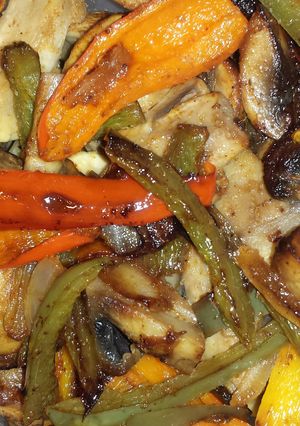 A picture of Mushrooms and peppers.