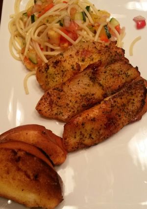 A picture of Mango Noodle Salad and Grilled Tilapia.