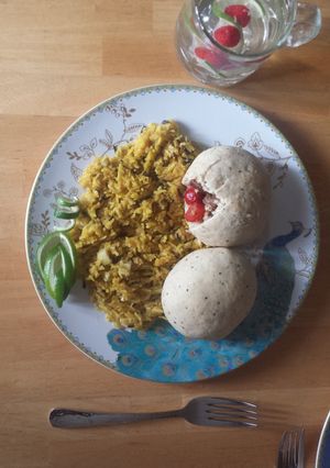 A picture of Pork Buns & Saffron Rice.