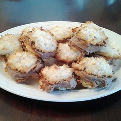 A picture of Coconut Macaroon Chocolate Cream filled Sandwich Cookies.