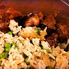 A picture of Chinese pork and fried rice.