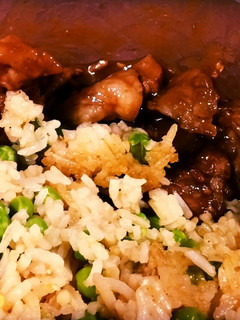 A picture of Chinese pork and fried rice.