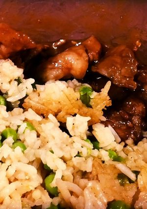 A picture of Chinese pork and fried rice.