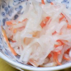 Celebratory Red and White Namasu (Marinated Daikon and Carrot Salad) for New Year's A picture of Celebratory Red and White Namasu (Marinated Daikon and Carrot Salad) for New Year's.