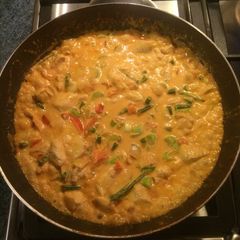 A picture of Thai red curry with chicken.