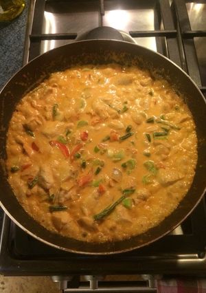 A picture of Thai red curry with chicken.
