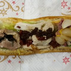 A picture of 3 way Xmas leftovers sandwich.
