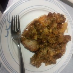 Pork chops with apples and stuffing A picture of Pork chops with apples and stuffing.