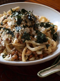 A picture of Stir Fried Natto and Chopped Udon Noodles with Sesame Oil.