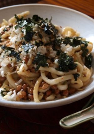 A picture of Stir Fried Natto and Chopped Udon Noodles with Sesame Oil.