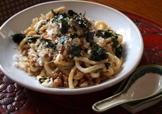 Recipe of Homemade Stir Fried Natto and Chopped Udon Noodles with Sesame Oil