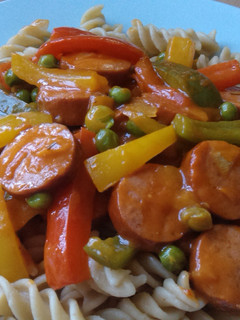 A picture of Vickys Creamy Chorizo Fusilli, GF DF EF SF NF.