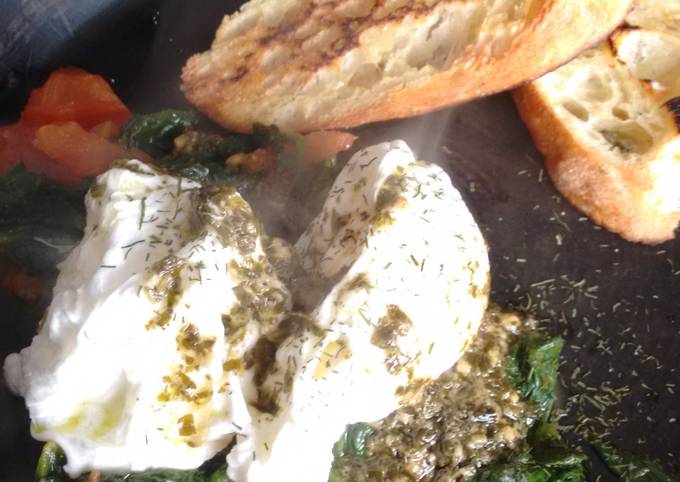 Pesto Butter Poached Eggs & garlic oil toast