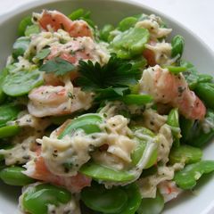 A picture of Fava Beans, Shrimp, and Scallops in a Basil Mayonnaise Dressing.