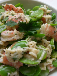 A picture of Fava Beans, Shrimp, and Scallops in a Basil Mayonnaise Dressing.