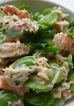 A picture of Fava Beans, Shrimp, and Scallops in a Basil Mayonnaise Dressing.