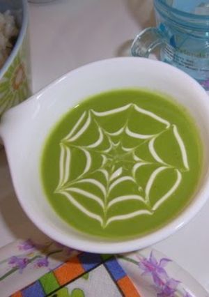 A picture of Halloween Spider Web Green Pea Soup.