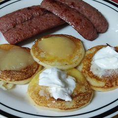 A picture of Fried Beef Sausage with Potato Pancakes.