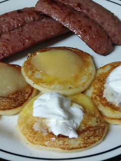 A picture of Fried Beef Sausage with Potato Pancakes.