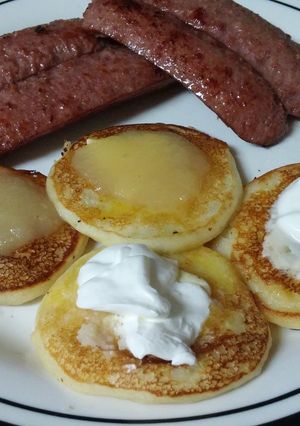 A picture of Fried Beef Sausage with Potato Pancakes.