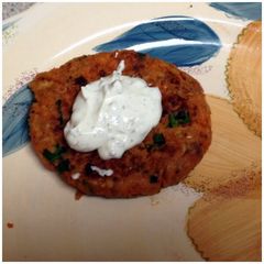 A picture of Nokey's Salmon Patties with Lemon Caper Sauce.