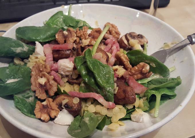 Spinach, Bacon, Mushroom and Lentil salad