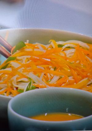 A picture of Simple Stir-Fried Noodles with Carrots and Green Pepper.