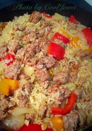 A picture of Italian Sausage And Peppers With Rice.