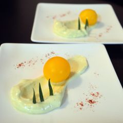 A picture of Inverted Deviled eggs.