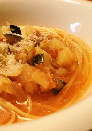 A picture of Chilled Soup Pasta with Minestrone Soup.