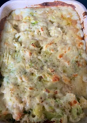 A picture of Potato, cauliflower, cabbage cheesy bake.