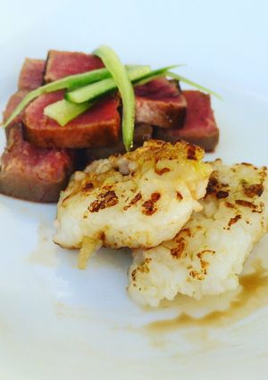 A picture of Seared Ahi Tuna with Blackened Puffed Rice.