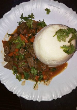A picture of Stewed Liver with Ugali.