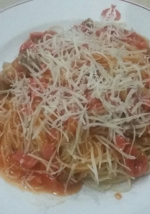 Foto resep Spaghetti Tomato Sauce with Meatballs and Beef Sausage No MSG