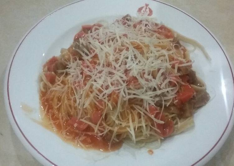 Bagaimana Membuat Spaghetti Tomato Sauce with Meatballs and Beef Sausage No MSG yang Enak Banget