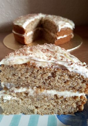 A picture of Vickys Banana Layer Cake GF DF EF SF NF Vegan.