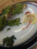 Lemon pea spread on toasted baguette